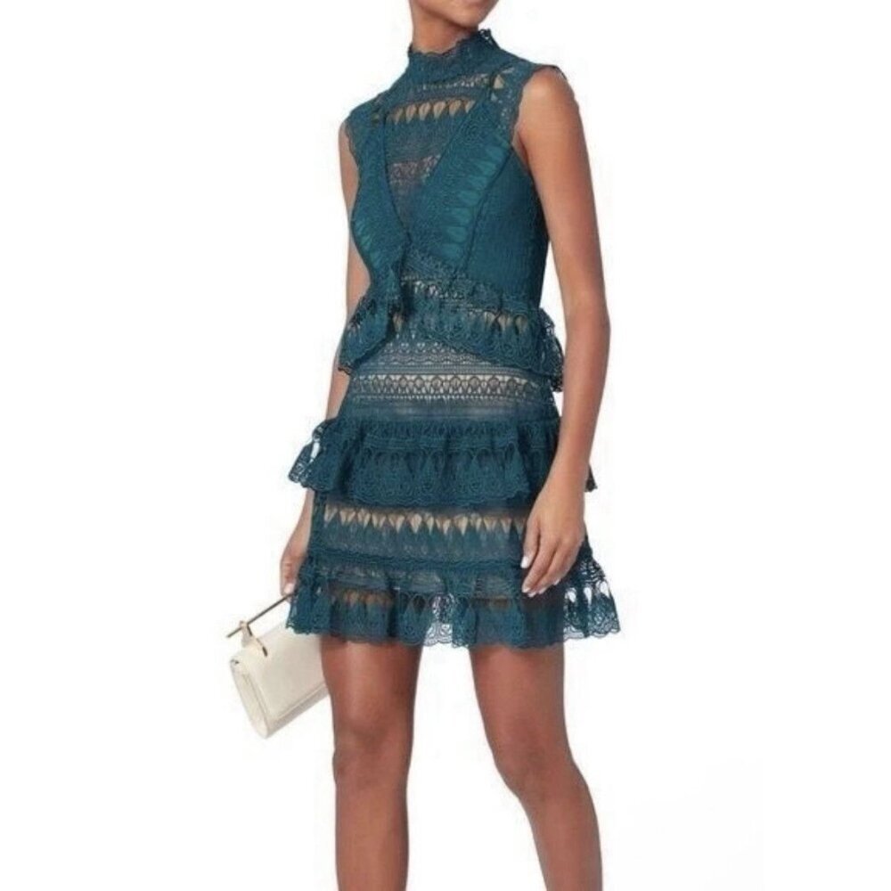 Self-Portrait Teardrop Guipure tiered lace minidress Teal turquoise US 4 UK 8